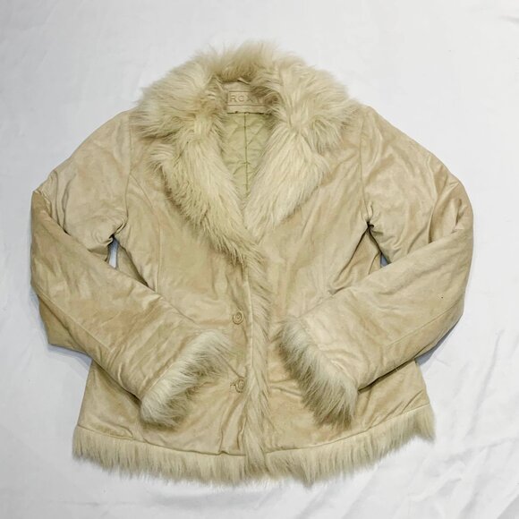 VTG 90s Y2K Roxy Suede Faux Fur Trim Penny Lane Almost Famous Boho Jacket Sz L - Picture 1 of 9